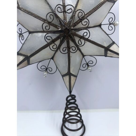 Capiz Shell Star Bronze Metal Filigree Hearts & Pearls Tree Topper 10-1/2" - Picture 4 of 14
